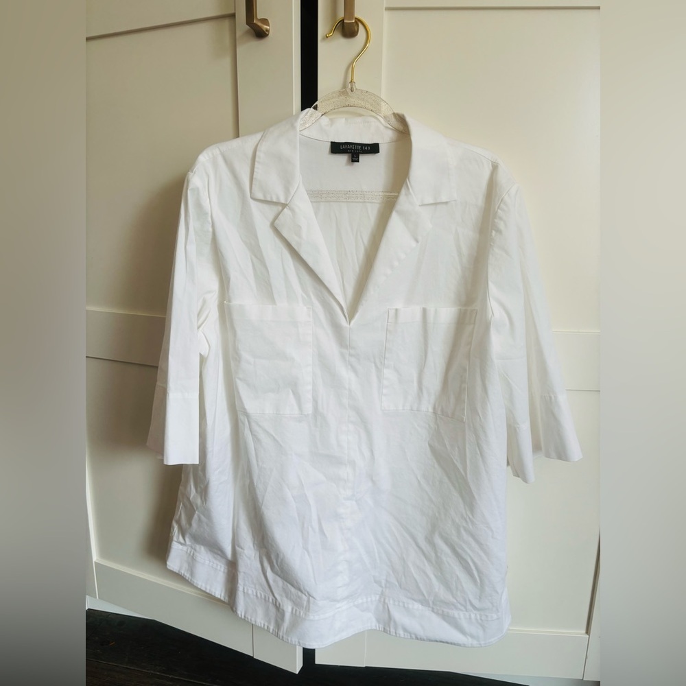 Lafayette 148 New York White Poplin Top Blouse Flowy Casual Chic Cotton Blend